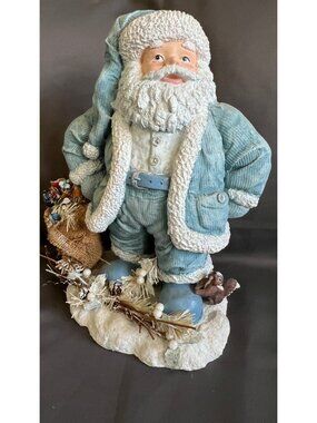 14-Inch Blue Santa Figurine With Burlap Bag & Woodland Details